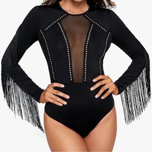 SweatyRocks Round Neck Fringe Long Sleeve Sheer Mesh Cowgirl Bodysuit Small
